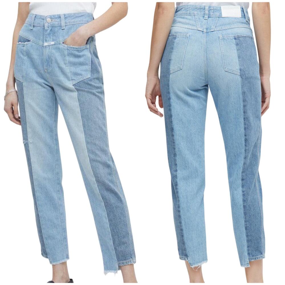 Closed NWT A Better Blue Real X Denim Two Tone Jeans Size 29 Raw Hem Patchwork